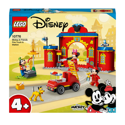 LEGO Disney Mickey Mouse Fire Engine & Station 10776 set with minifigures and dog figure, great for kids aged 4+