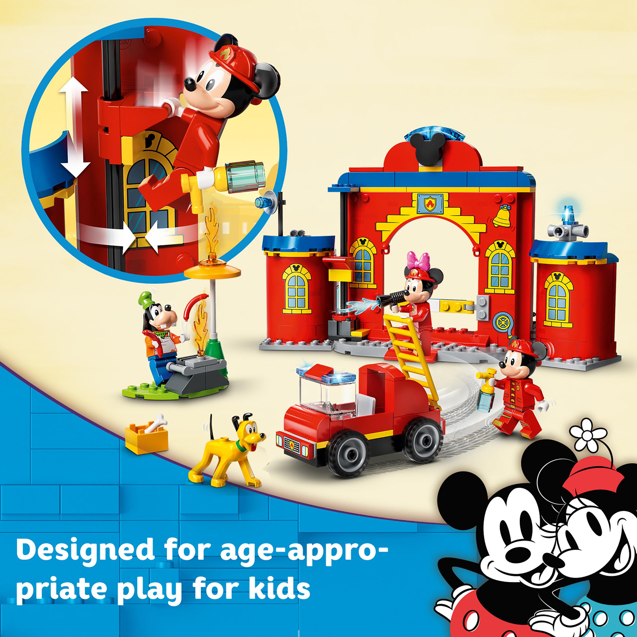 LEGO Disney Mickey Mouse Fire Engine & Station 10776 set with minifigures, fire truck, and fire station for kids.
