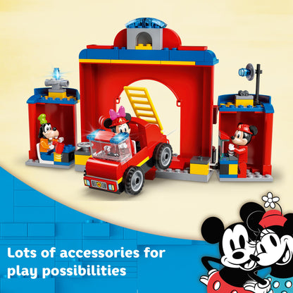 LEGO Disney Mickey Mouse Fire Engine & Station 10776 with minifigures and accessories for imaginative play.