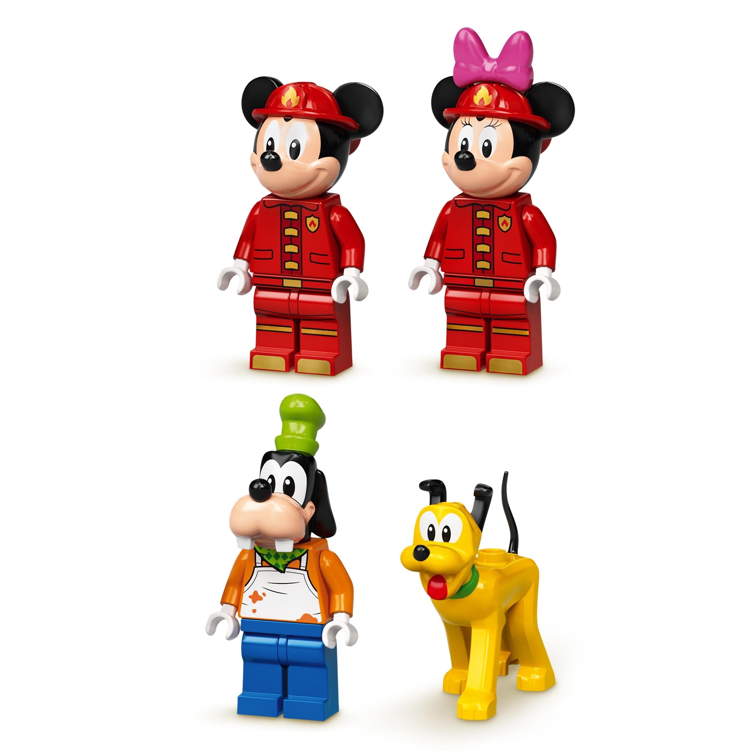 LEGO Disney minifigures including Mickey Mouse, Minnie Mouse, Goofy, and Pluto in fire outfits.