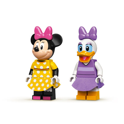 LEGO Disney Mickey Mouse and Minnie Mouse minifigures wearing colorful dresses with bows, perfect for kids' imaginative play.