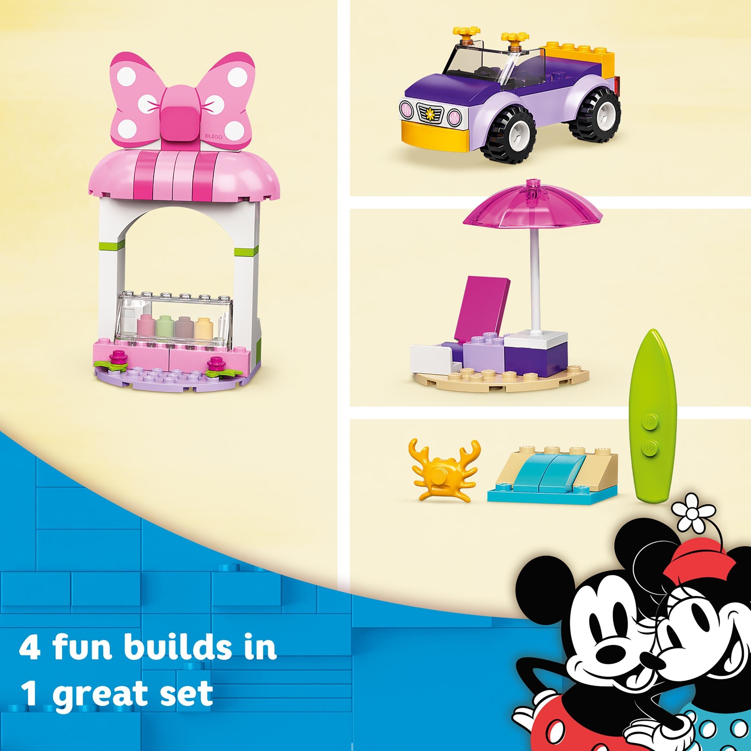 LEGO® Disney Mickey Mouse Minnie Ice Cream Shop set with 4 fun builds: ice cream shop, car, umbrella, and beach items.