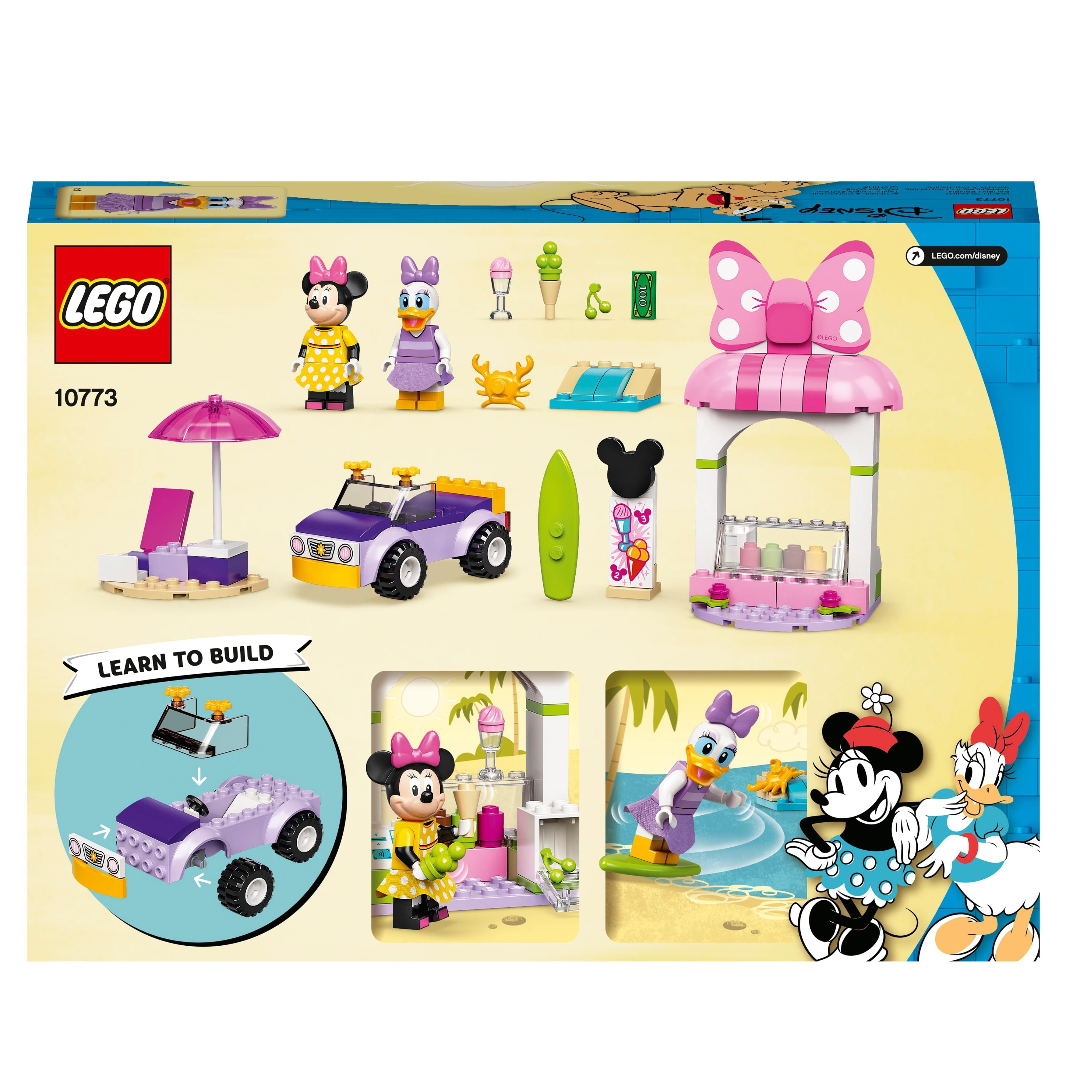 LEGO Disney Mickey Mouse Minnie Ice Cream Shop 10773 set featuring ice cream shop, car, and minifigures for fun play.