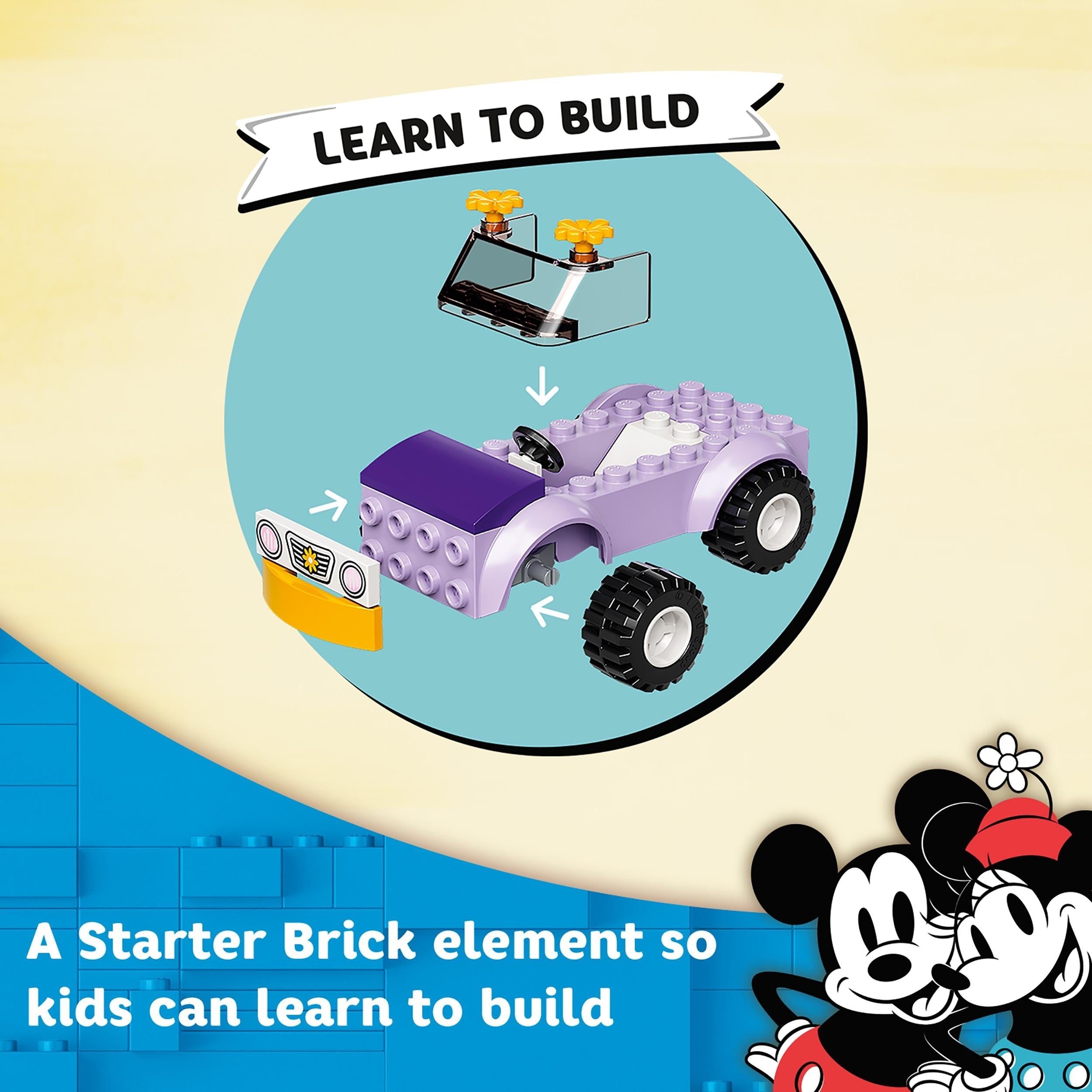 Illustration of LEGO car with Starter Brick, teaching kids building skills, from Mickey Mouse Minnie Ice Cream Shop set.