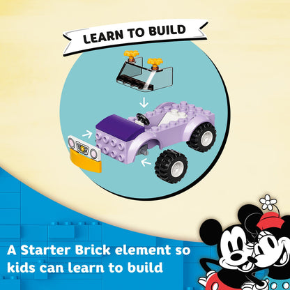 Illustration of LEGO car with Starter Brick, teaching kids building skills, from Mickey Mouse Minnie Ice Cream Shop set.