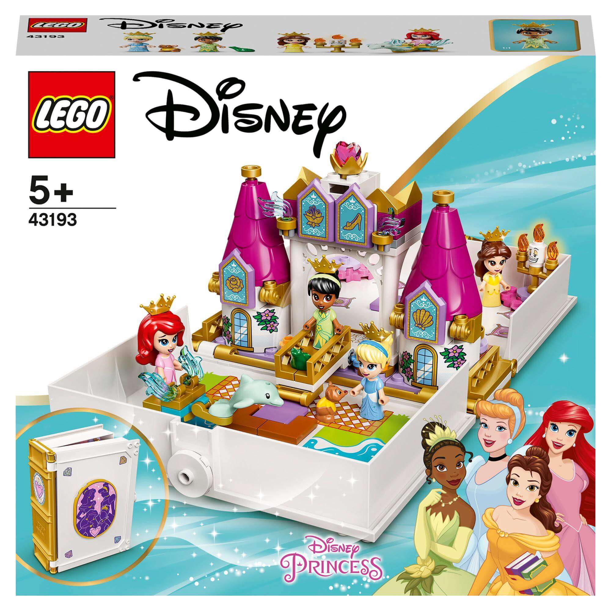 LEGO® Disney Princess Storybook Adventures set 43193 featuring Ariel, Belle, Cinderella, Tiana, and a colorful castle.