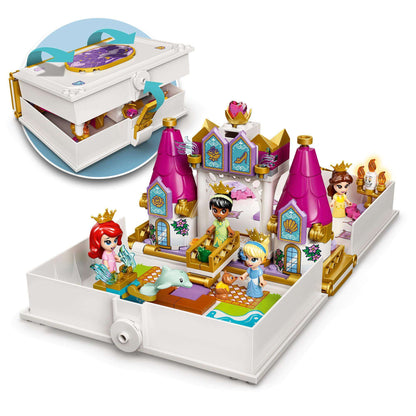 LEGO Disney Princess Storybook Adventures set with micro-dolls and castle, featuring Ariel, Belle, Cinderella, and Tiana.
