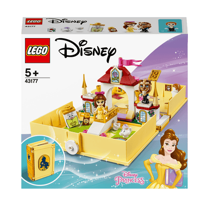 LEGO Disney Princess Belle's Storybook Set 43177 with Belle and Beast micro-dolls in a colorful castle scene.