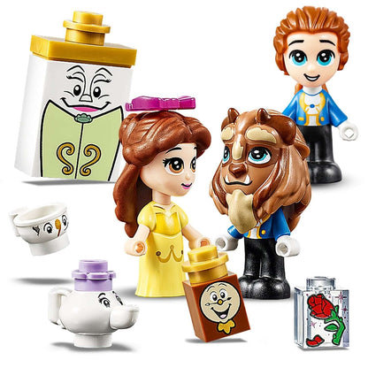 LEGO Disney Princess Belle and Beast micro-doll figures with accessories from the Beauty and the Beast storybook set.