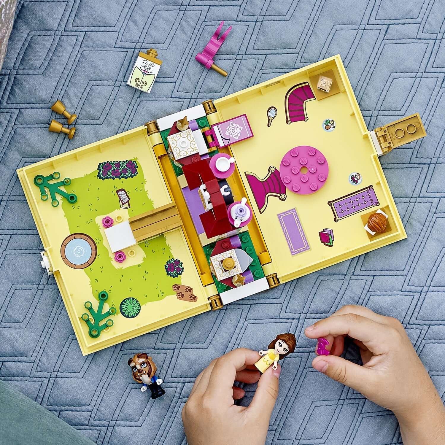 LEGO Disney Princess Belle's Storybook Set 43177 featuring Beast's castle, Belle and Beast micro-doll figures in a colorful scene.