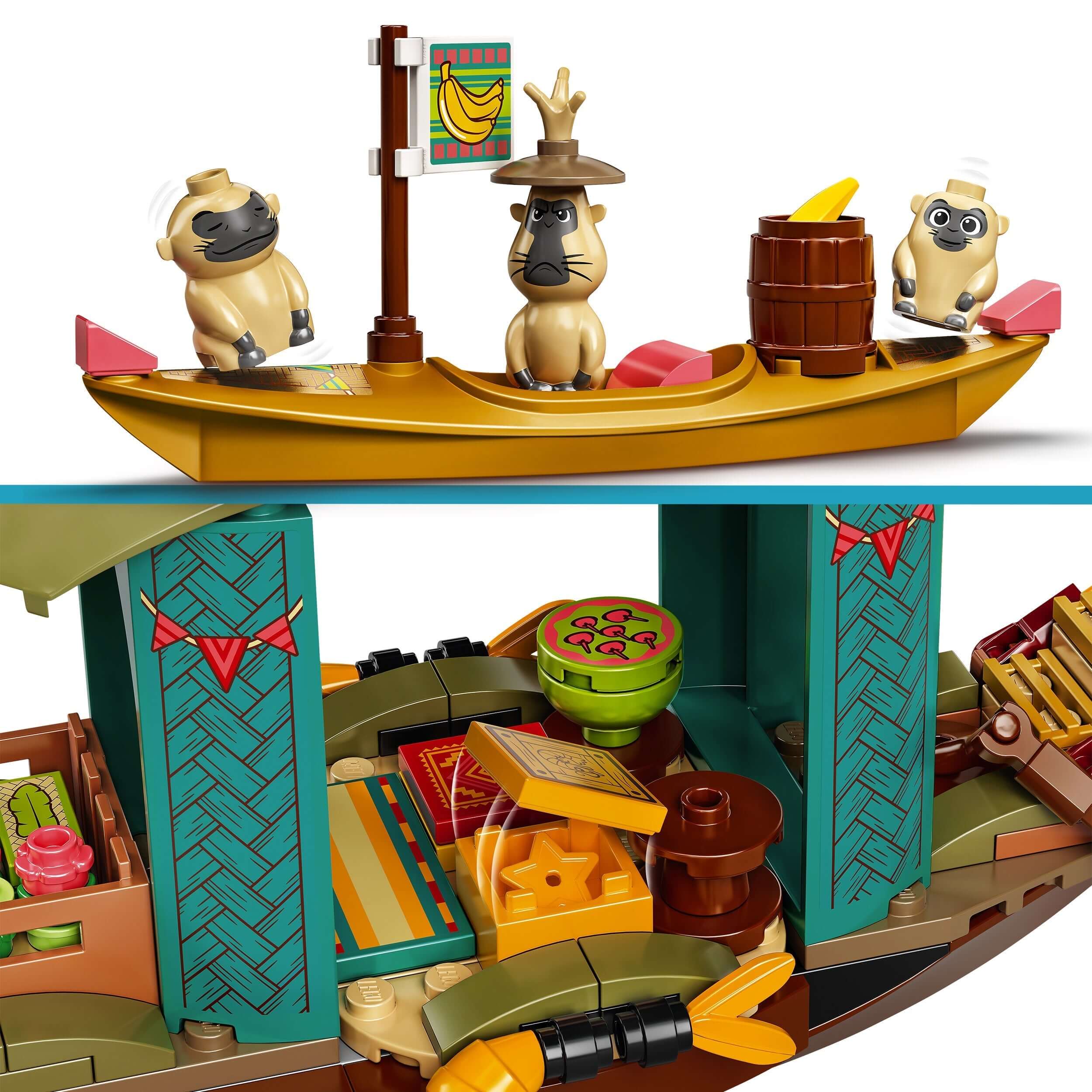 LEGO® Disney Princess Boun’s Boat Toy 43185 featuring playful mini-doll figures on a colorful shrimp boat.