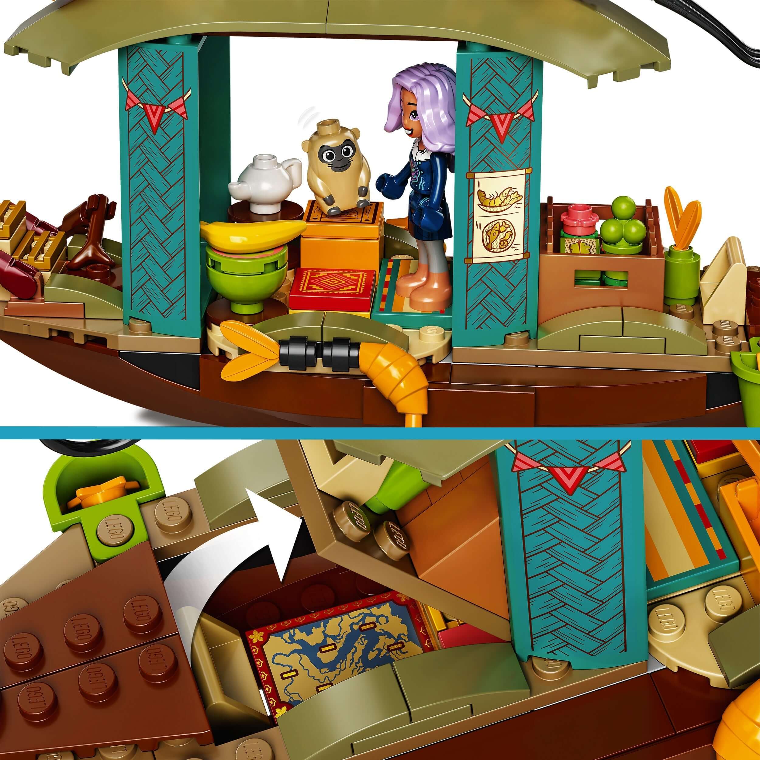 LEGO® Disney Princess Boun’s Boat Toy 43185 with Sisu Human and Boun mini-doll, featuring colorful shrimp boat details.