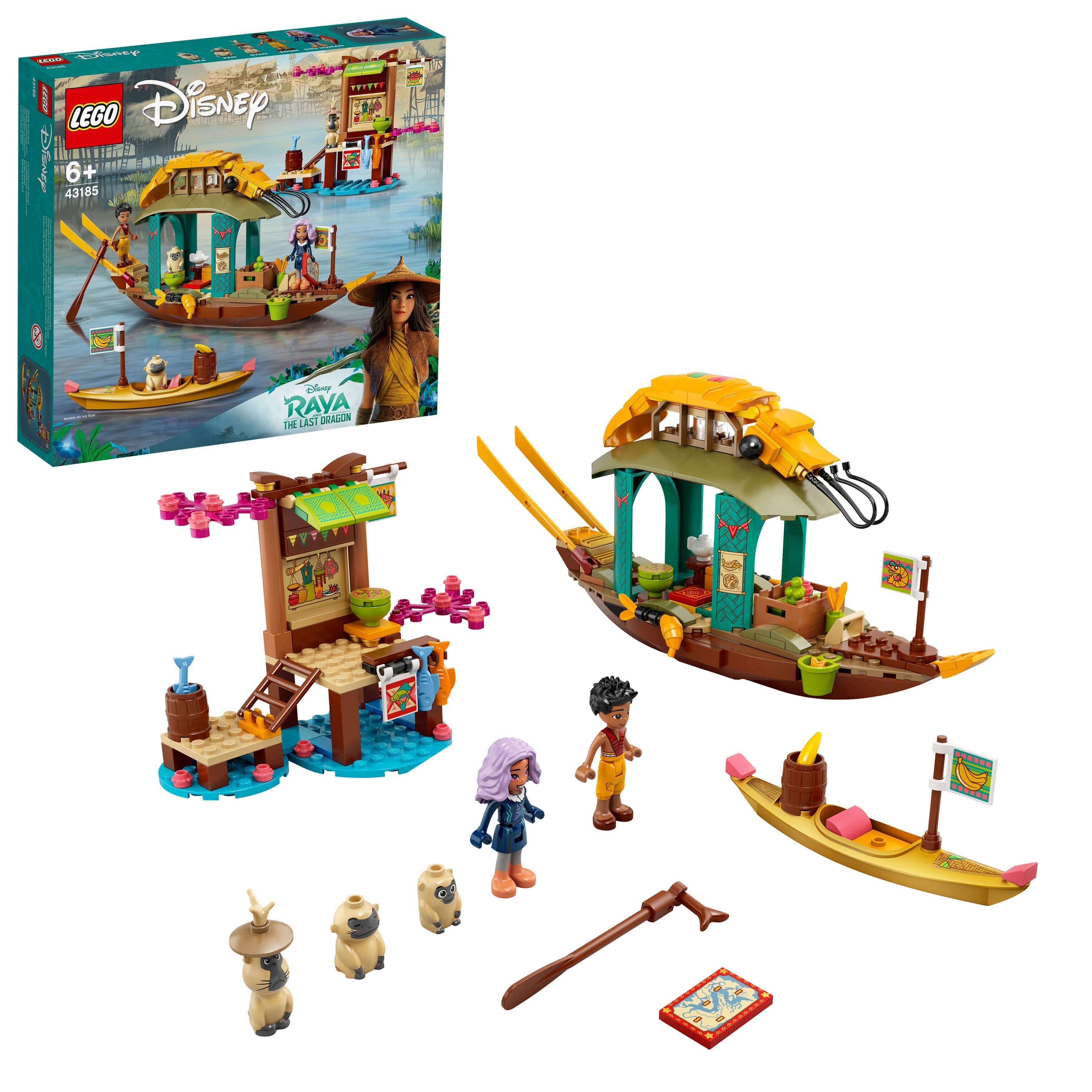 LEGO® Disney Princess Boun’s Boat Toy 43185 set with shrimp boat, dock, Sisu Human and Boun mini-dolls.