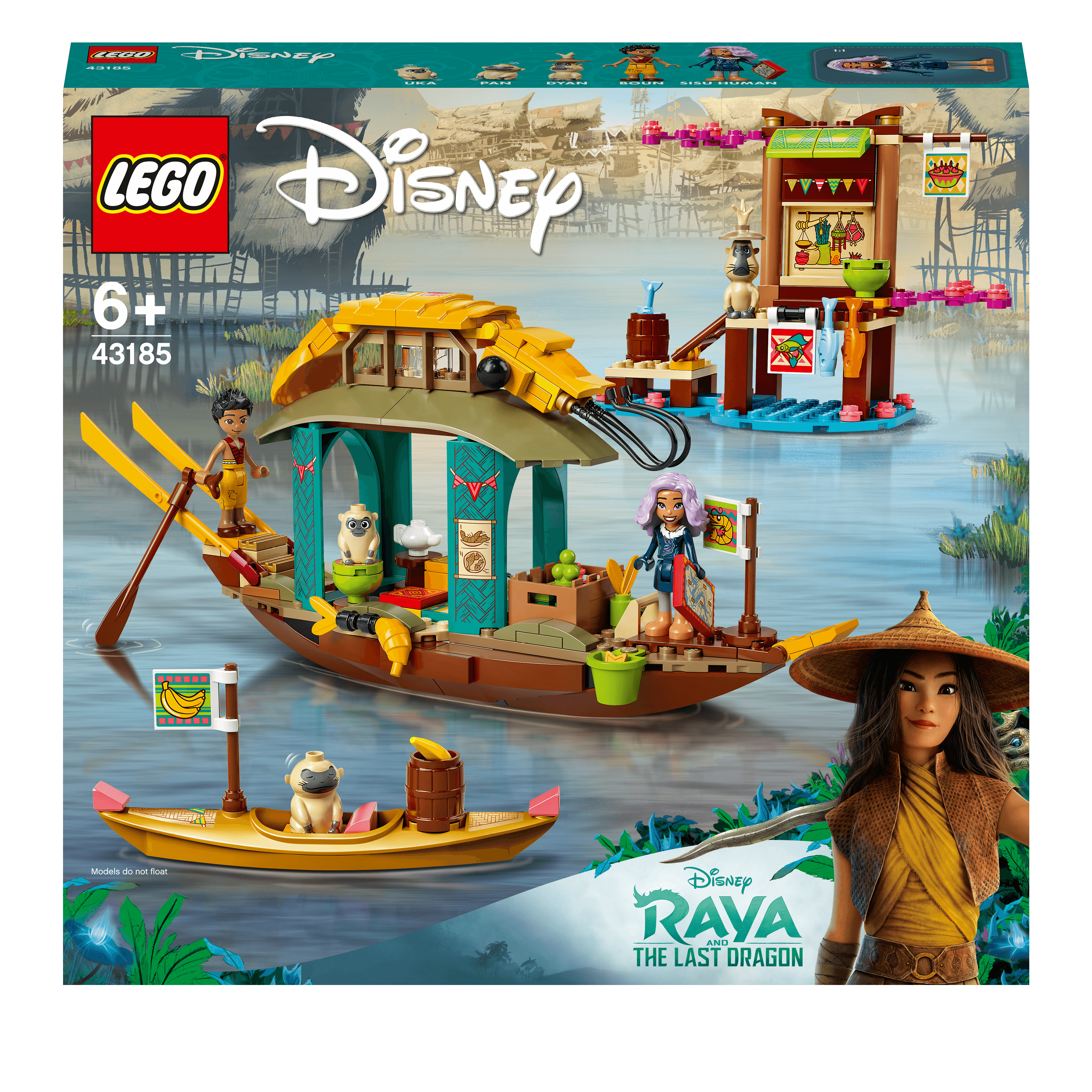LEGO® Disney Princess Boun’s Boat Toy 43185 set with shrimp boat, dock, Sisu Human, and Boun mini-doll figures.