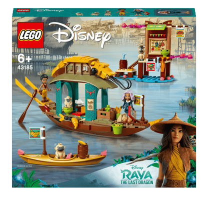 LEGO® Disney Princess Boun’s Boat Toy 43185 set with shrimp boat, dock, Sisu Human, and Boun mini-doll figures.