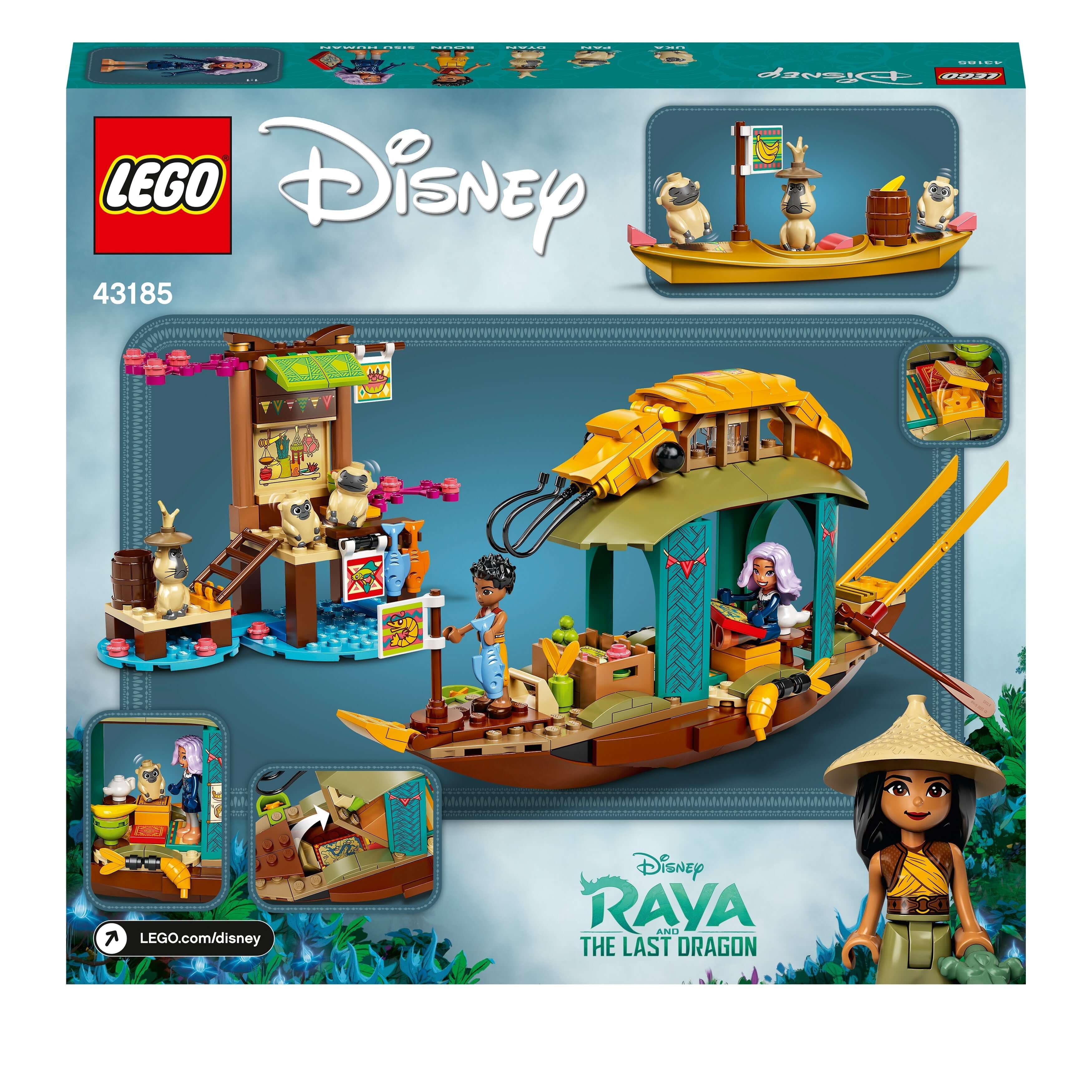 LEGO Disney Princess Boun's Boat Toy 43185 with shrimp boat, dock, market, and mini-doll figures for creative play.