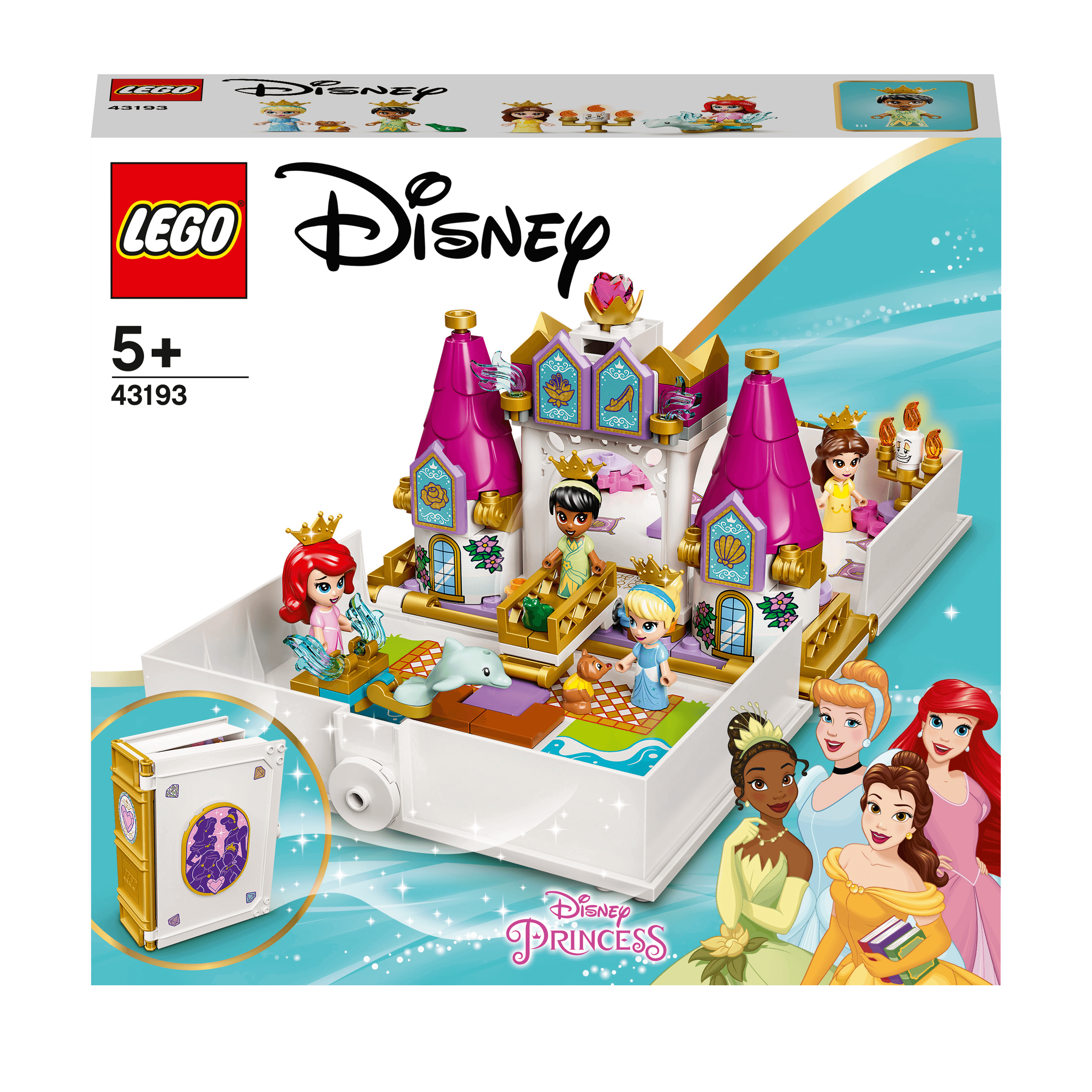 LEGO Disney Princess Storybook Adventures set 43193 with castle, micro-dolls, and Disney princesses for imaginative play.