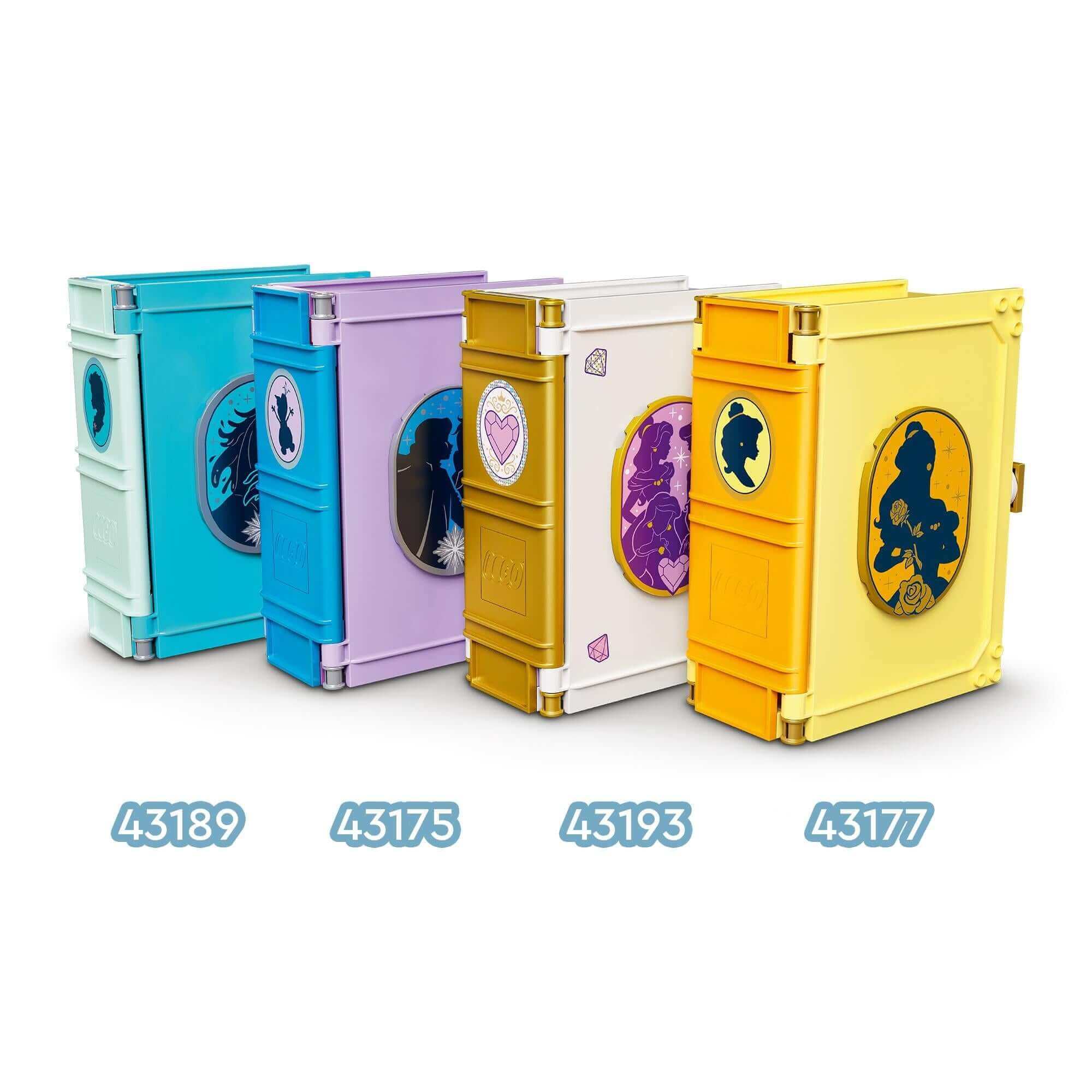 Colorful LEGO® Disney princess storybook sets featuring Ariel, Belle, Cinderella, and Tiana's micro-doll adventures.