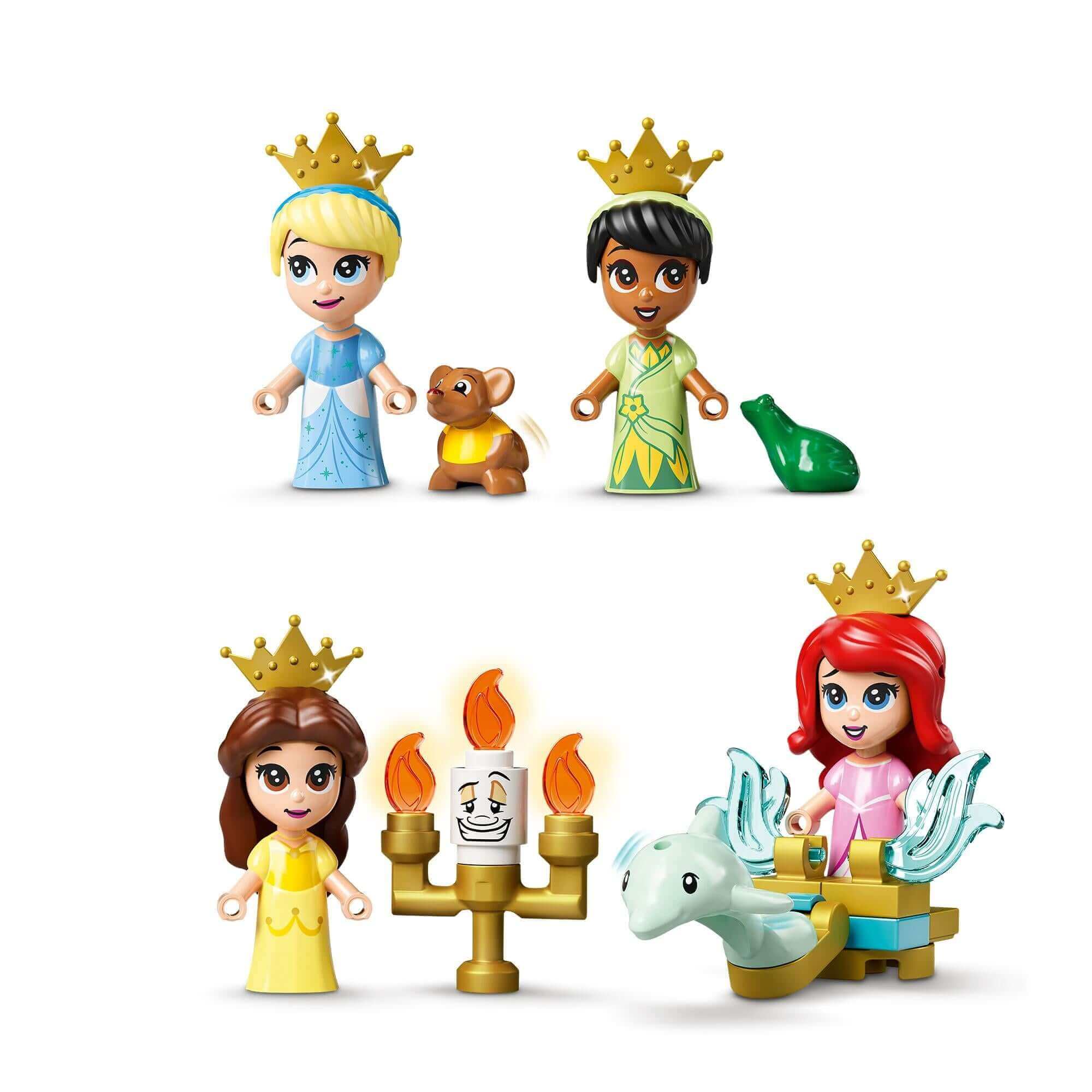 LEGO® Disney Princess figures: Cinderella, Tiana, Ariel, and Belle with accessories in a fun playset.