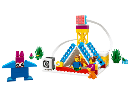 LEGO Education SPIKE Essential Set 45345 featuring colorful building elements and playful figures for STEAM learning.