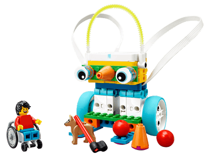 LEGO® Education SPIKE™ Essential Set 45345 featuring a playful build with a character in a wheelchair, promoting STEAM learning.