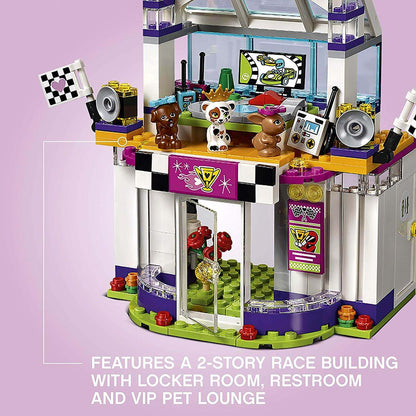 LEGO® Friends 41352 Big Race Day playset showcasing a 2-story race building with locker room and VIP pet lounge.