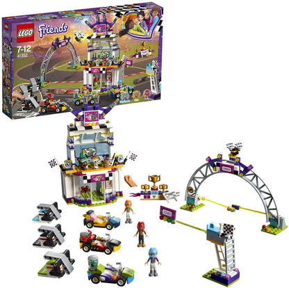 LEGO Friends 41352 The Big Race Day Playset with go-kart track, cars, characters, and winner's podium for fun play.