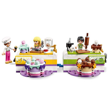 LEGO Friends Baking Competition Playset 41393 featuring colorful cake decorating scenes with mini-dolls in Heartlake City.