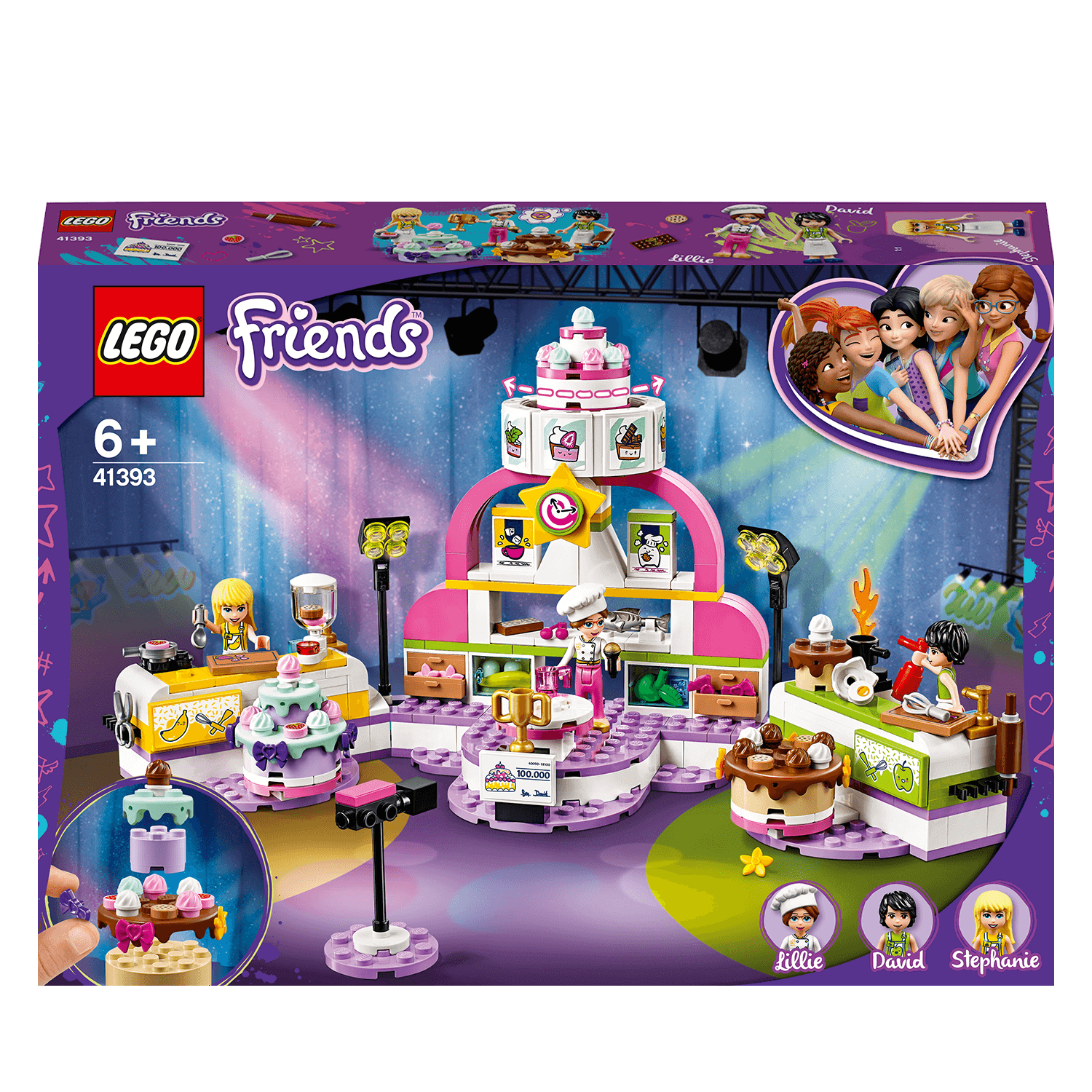 LEGO® Friends Baking Competition Playset 41393 with colorful cakes and fun accessories for creative play.