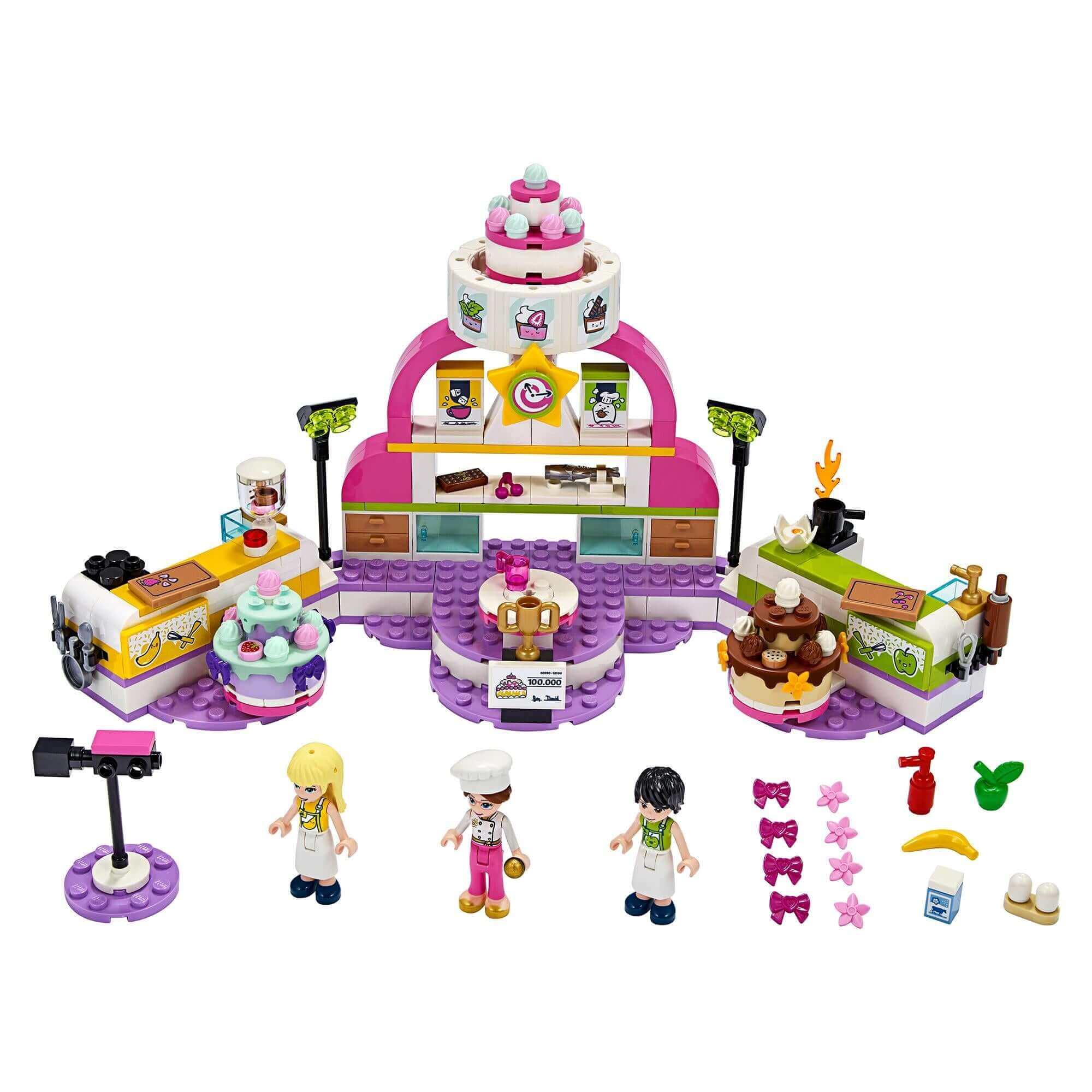 LEGO® Friends Baking Competition Playset 41393 with colorful cakes, figures, and fun baking accessories in Heartlake City.
