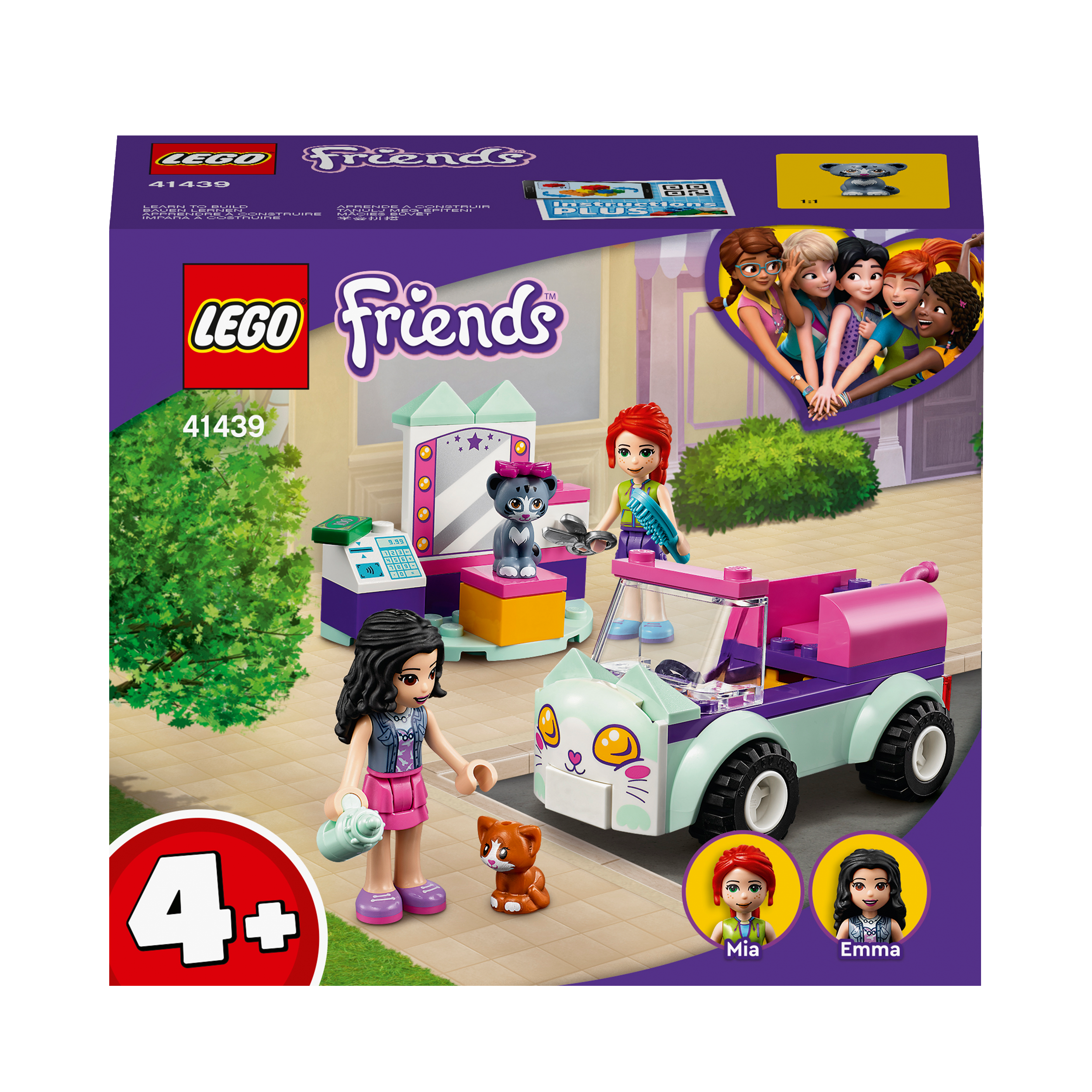 LEGO Friends Cat Grooming Car Toy 41439 with minidolls Mia and Emma, 2 cats, and grooming salon for kids 4 and up.