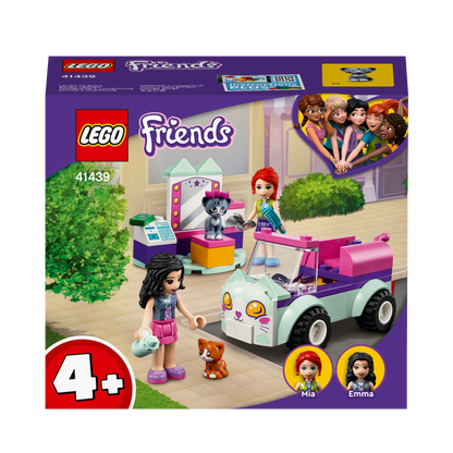 LEGO Friends Cat Grooming Car Toy 41439 with minidolls Mia and Emma, 2 cats, and grooming salon for kids 4 and up.