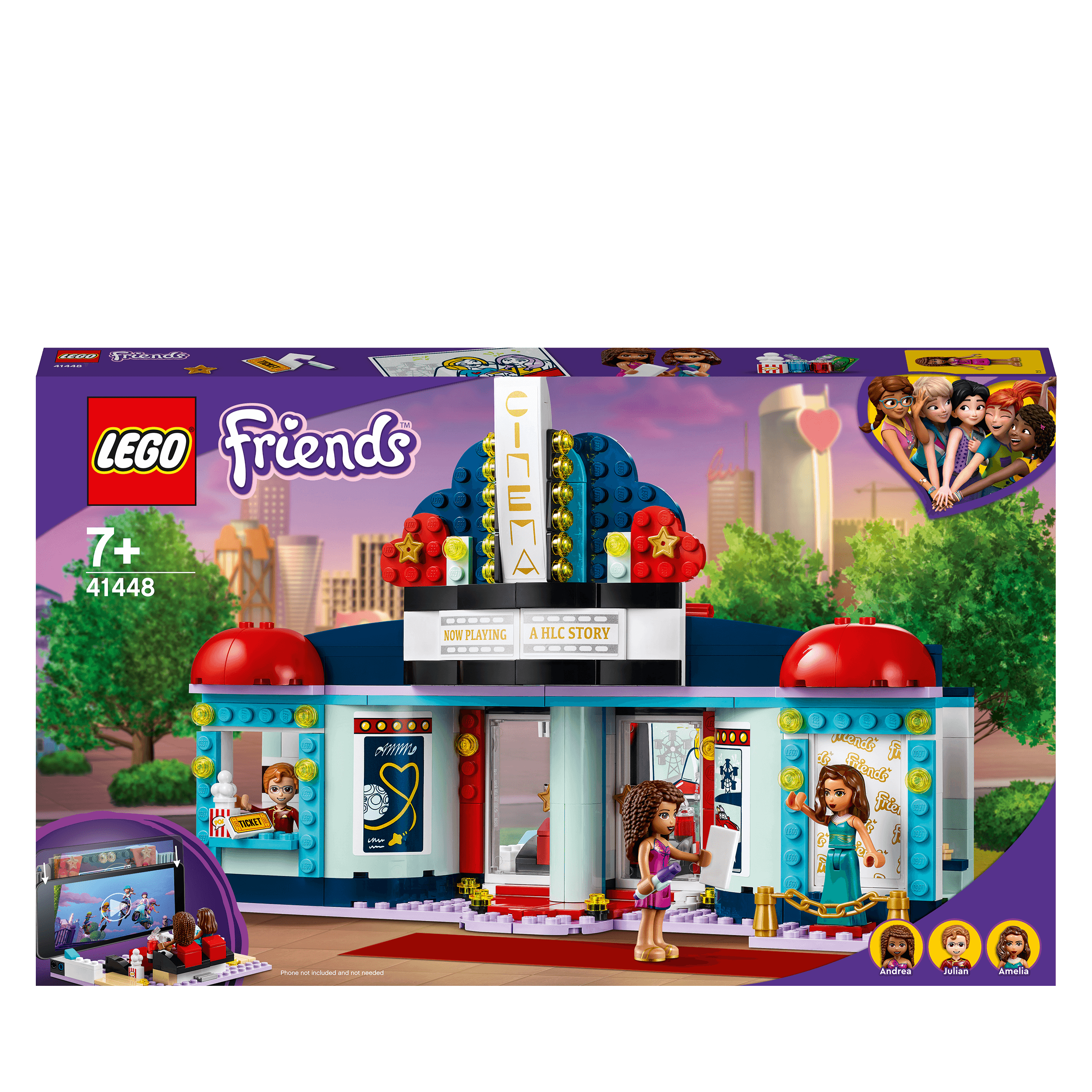 LEGO Friends Heartlake City Movie Theater Toy 41448, featuring minidolls and movie posters for kids' creative fun.