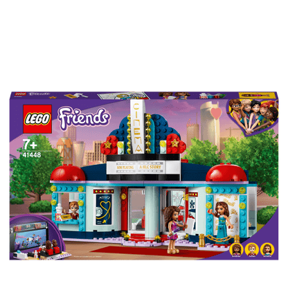 LEGO Friends Heartlake City Movie Theater Toy 41448, featuring minidolls and movie posters for kids' creative fun.