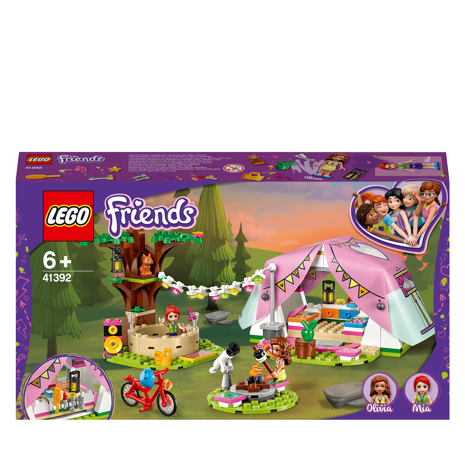 LEGO Friends Nature Glamping Set 41392 with colorful tent, trees, and camping accessories for outdoor fun.