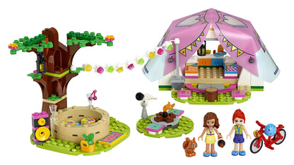 LEGO® Friends Nature Glamping Set 41392 with tent, tree, and friends exploring nature outdoors in style.