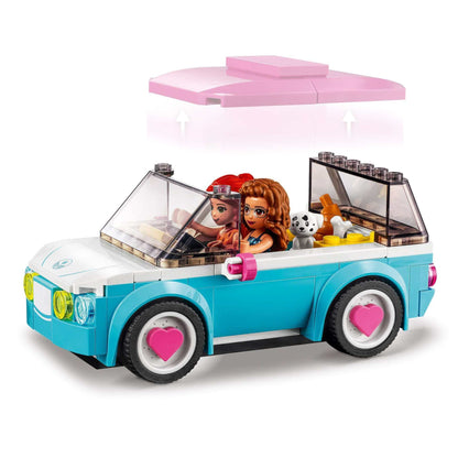 LEGO® Friends Olivia's Electric Car Toy 41443 with two characters and a pet, designed for road trip adventures.