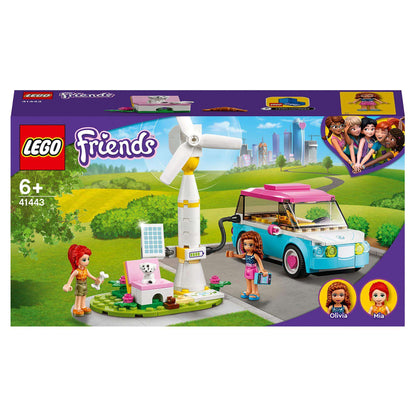 LEGO Friends Olivia's Electric Car set 41443 with charging station and characters, perfect for kids' imaginative play.