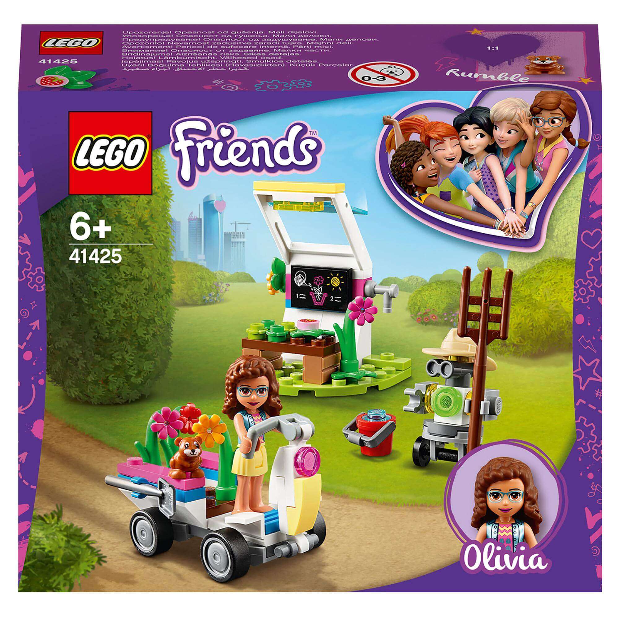 LEGO Friends Olivia's Flower Garden Play Set 41425 features a colorful greenhouse, plant accessories, and a cheerful vehicle.