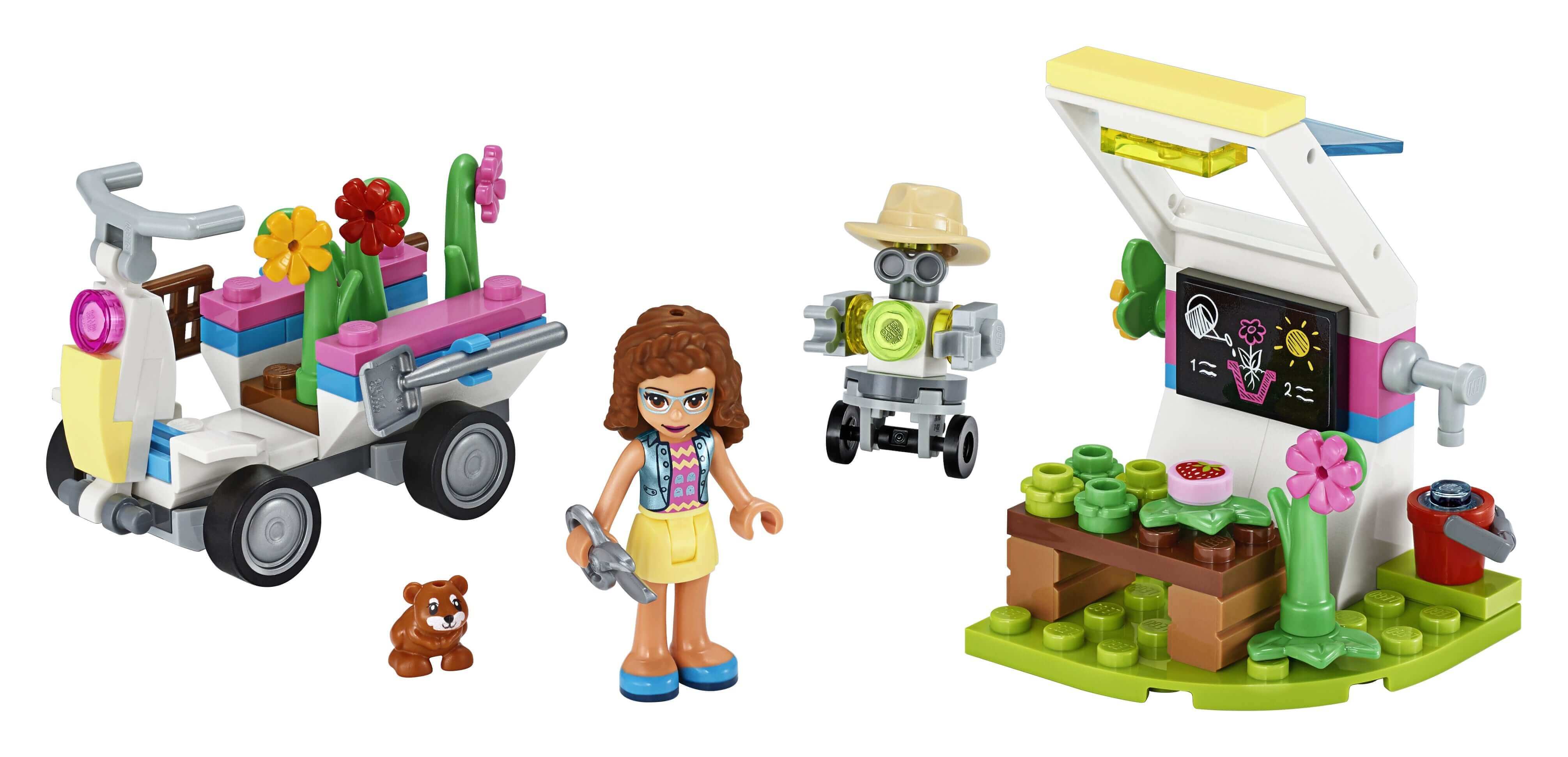 LEGO® Friends Olivia's Flower Garden Play Set 41425 with greenhouse, vehicle, and flower accessories for plant adventures.
