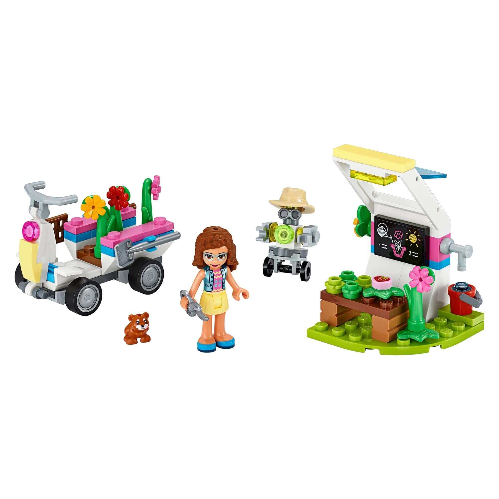 LEGO® Friends Olivia's Flower Garden Play Set 41425 featuring vehicle, greenhouse, accessories, and a fictional character.