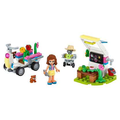 LEGO® Friends Olivia's Flower Garden Play Set 41425 featuring vehicle, greenhouse, accessories, and a fictional character.