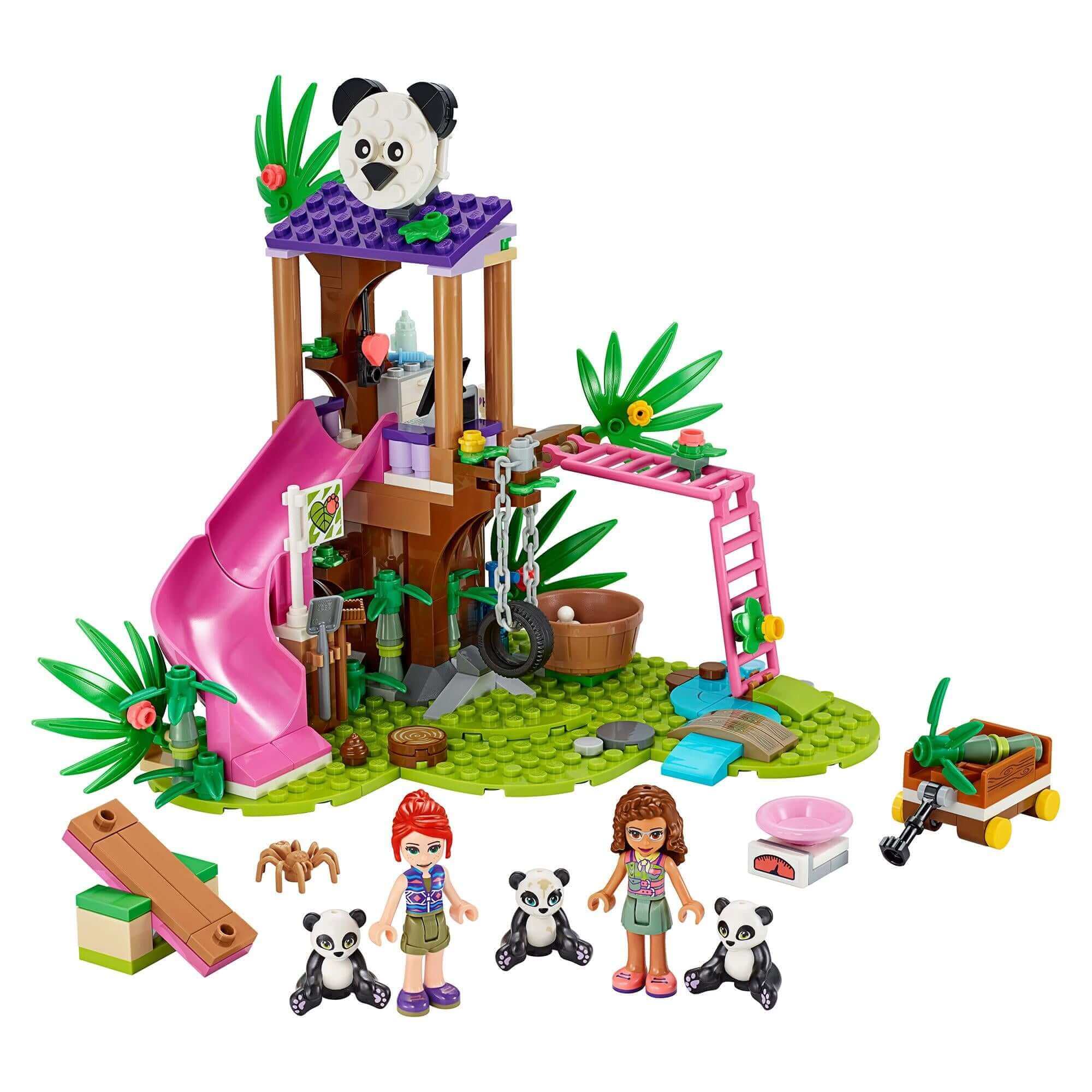 LEGO® Friends Panda Jungle Tree House toy 41422 featuring slides, pandas, and jungle-themed accessories for wildlife exploration.