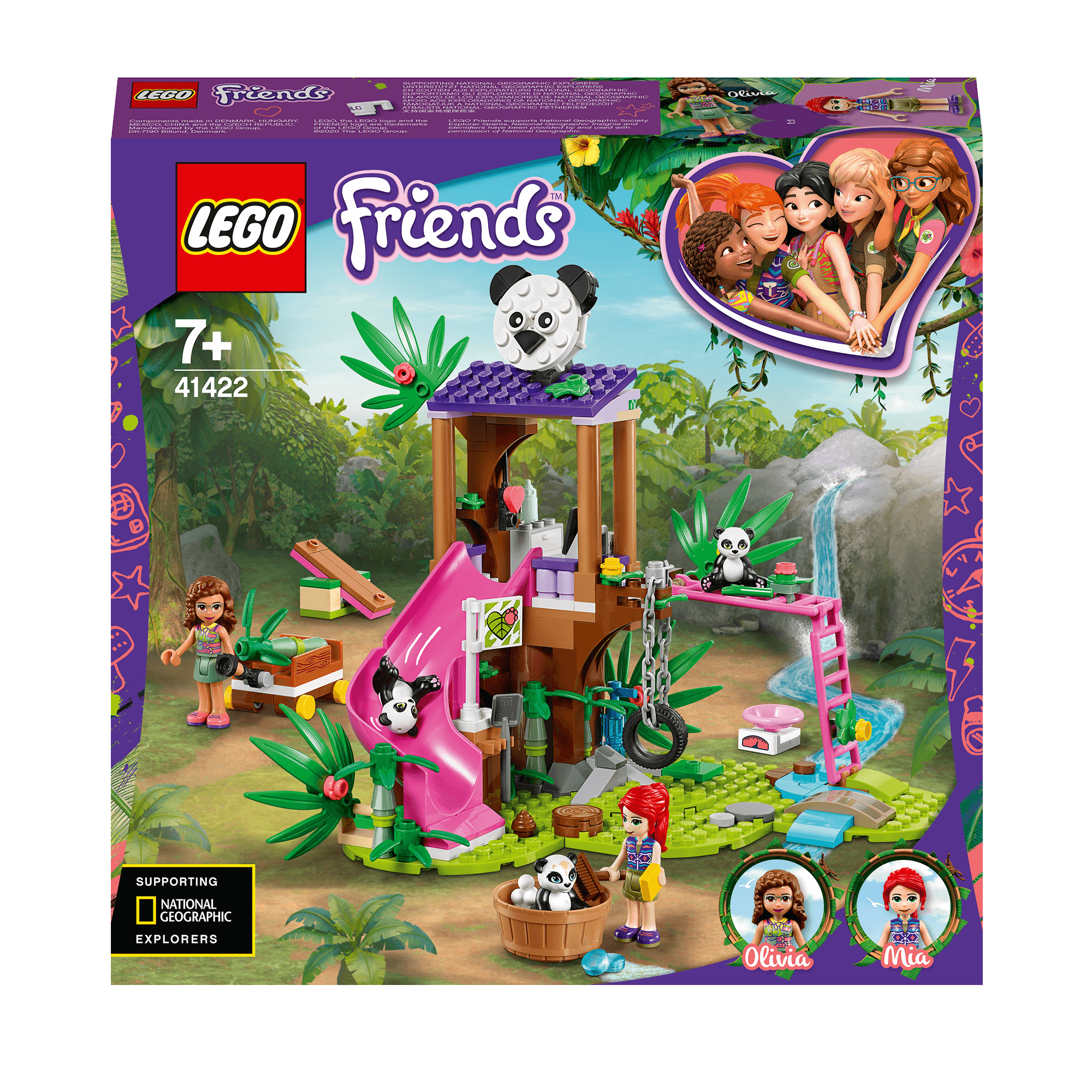 LEGO Friends Panda Jungle Tree House Toy 41422 for kids, featuring wildlife exploration and support for National Geographic.