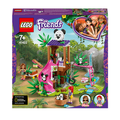 LEGO Friends Panda Jungle Tree House Toy 41422 for kids, featuring wildlife exploration and support for National Geographic.