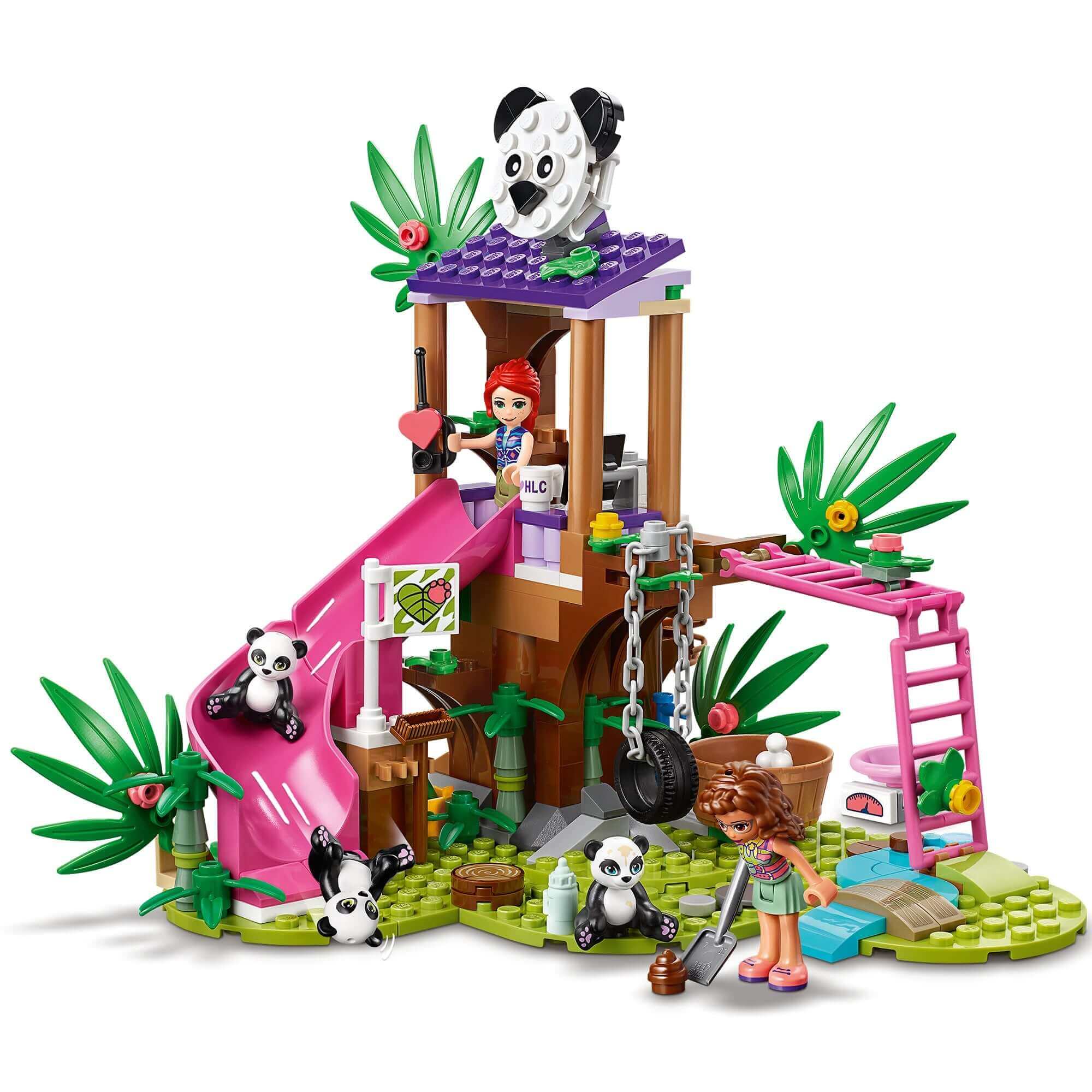 Colorful LEGO® Friends Panda Jungle Tree House with children, pandas, and vibrant jungle plants.