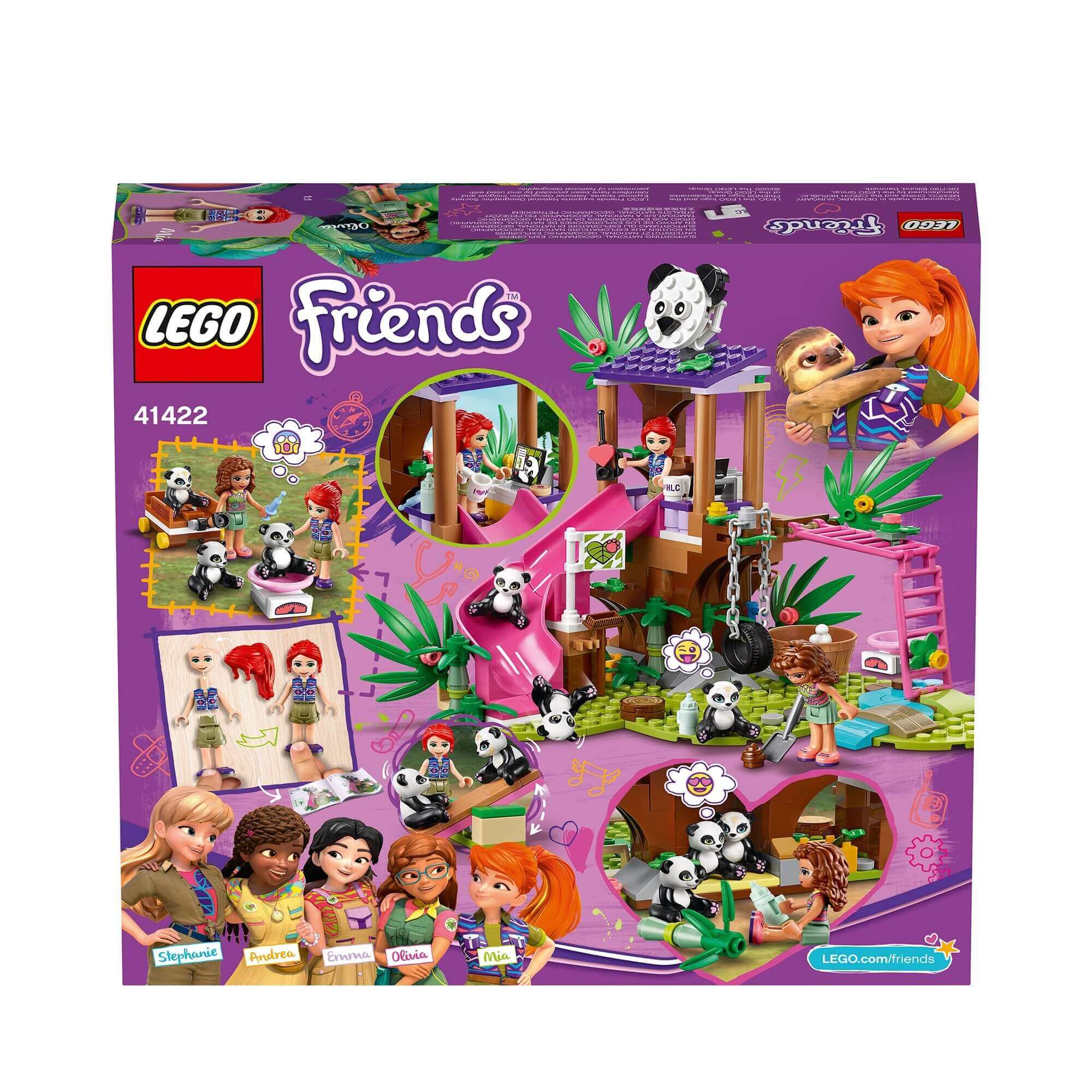 LEGO Friends Panda Jungle Tree House 41422, featuring kids playing with pandas and jungle animals in a colorful set.