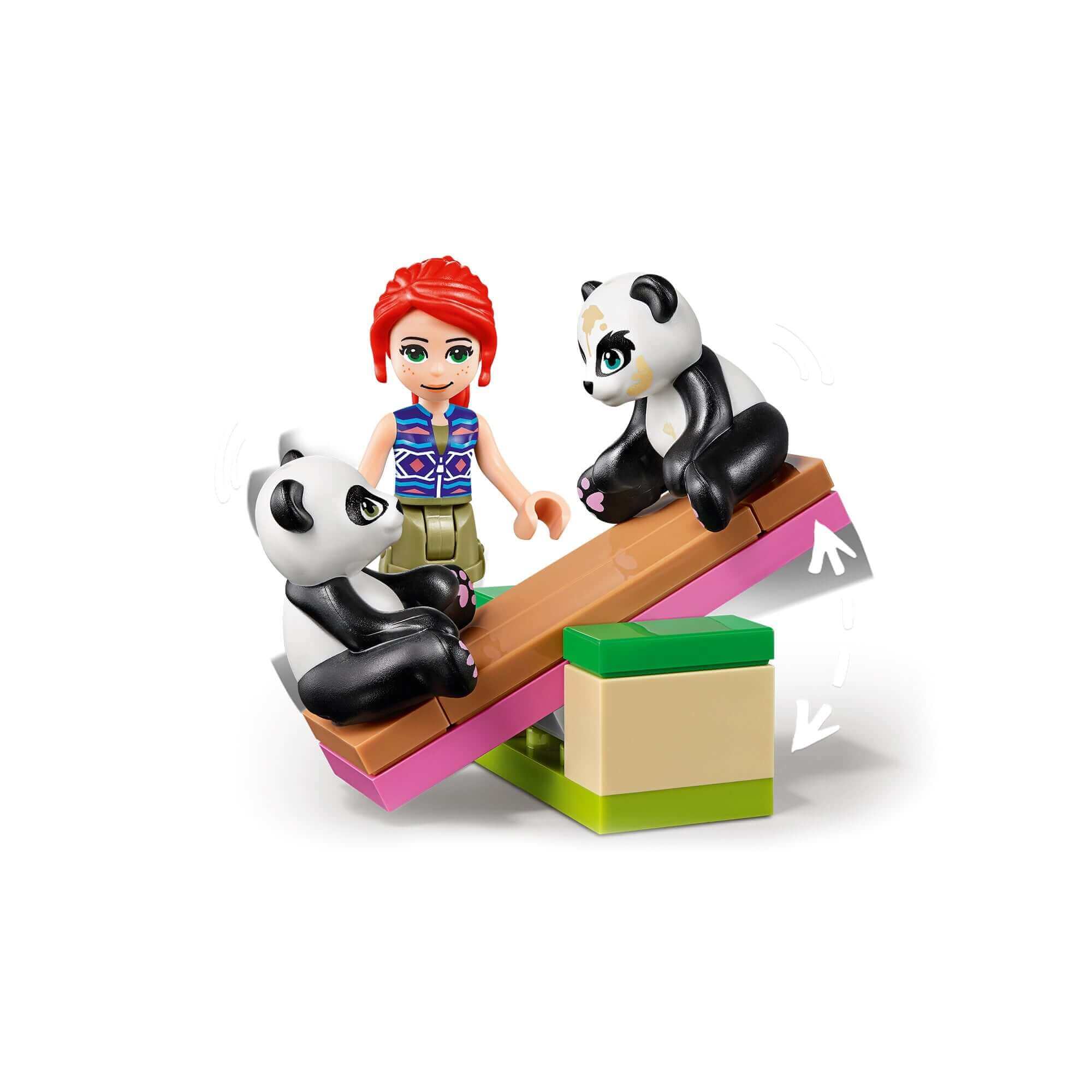 LEGO® Friends Panda Jungle Tree House set with girl and two playful panda figures on a seesaw.