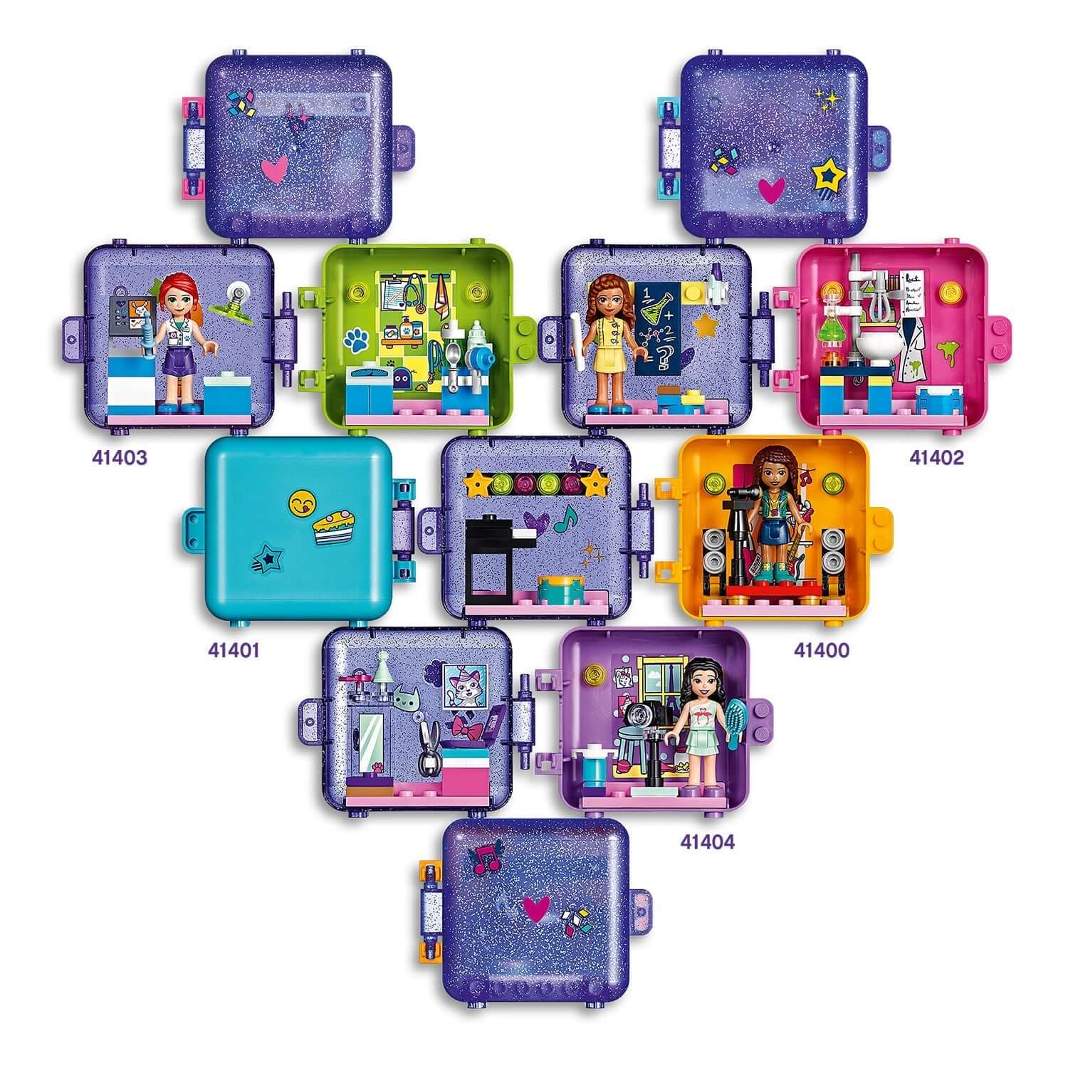 Colorful LEGO® Friends Stephanie's Play Cube Set 41401 featuring various play scenes for imaginative building fun.