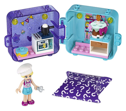 LEGO® Friends Stephanie's Play Cube Set 41401 with a mini oven, cupcake, and Stephanie figure for fun, on-the-go play.